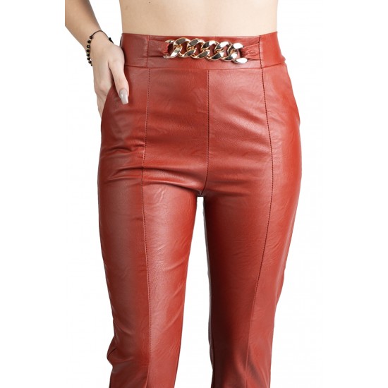 Pantaloni Dama Din Piele Ecologica Caramiziu Luna